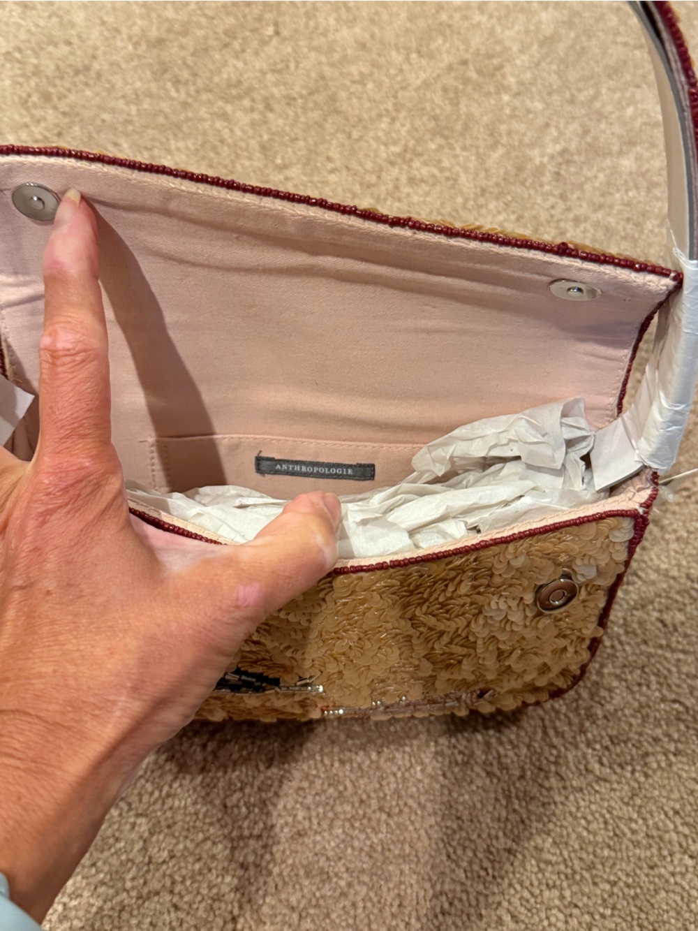 NWT new Anthropologie Fiona beaded shoulder bag purse sardines pink tan beige - Picture 10 of 16